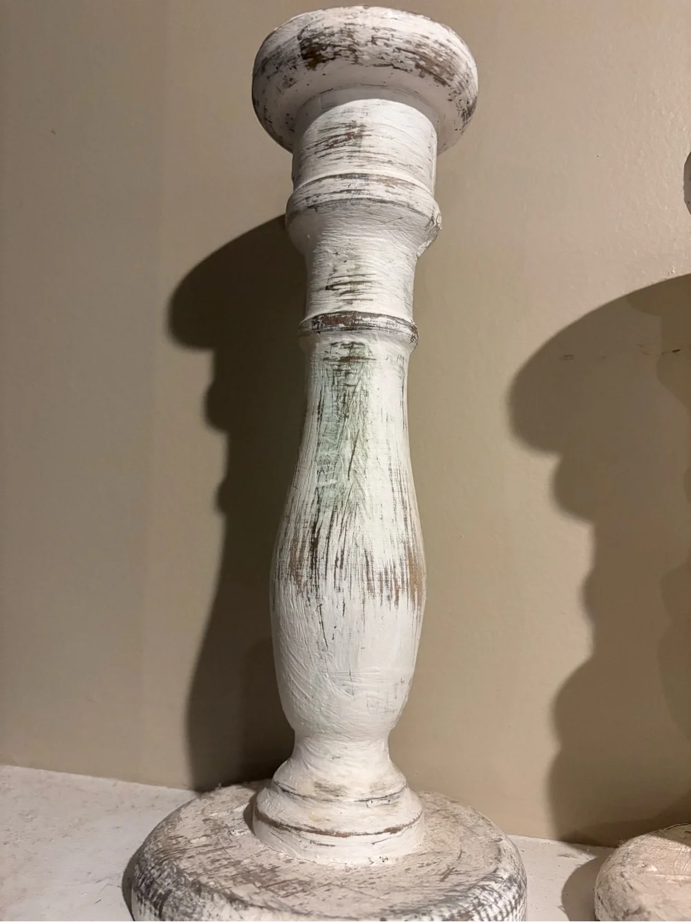 Distressed White Wooden Candlestick Holder